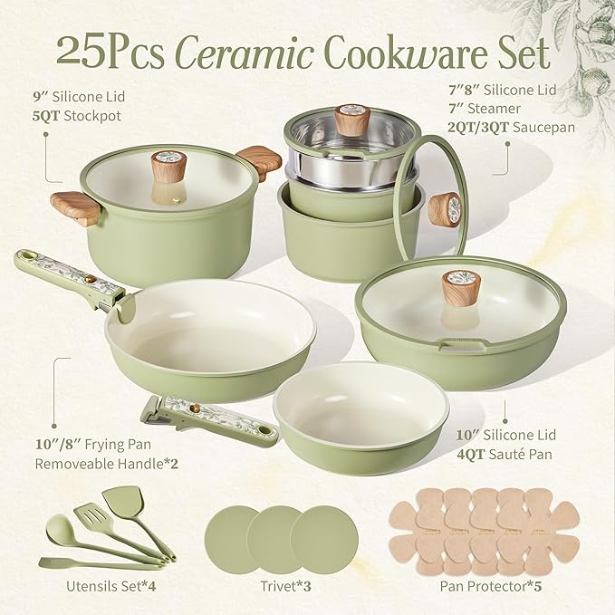 CAROTE 25-Piece Ceramic Cookware Set Nonstick Pots and Pans Set with Detachable Handle Non-Toxic Kitchen Cooking Set Dishwasher &amp Oven Safe Induction Compatible PFAS Free Green