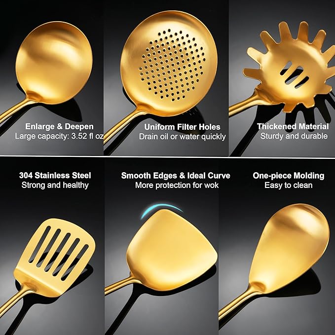 Gold Kitchen Utensils Set with Wooden Handle 6 PCS Professional Stainless Steel Cooking Utensils Set Wok Spatula Ladle Skimmer Slotted Spatula Turner Spaghetti Spoon Large Spoon