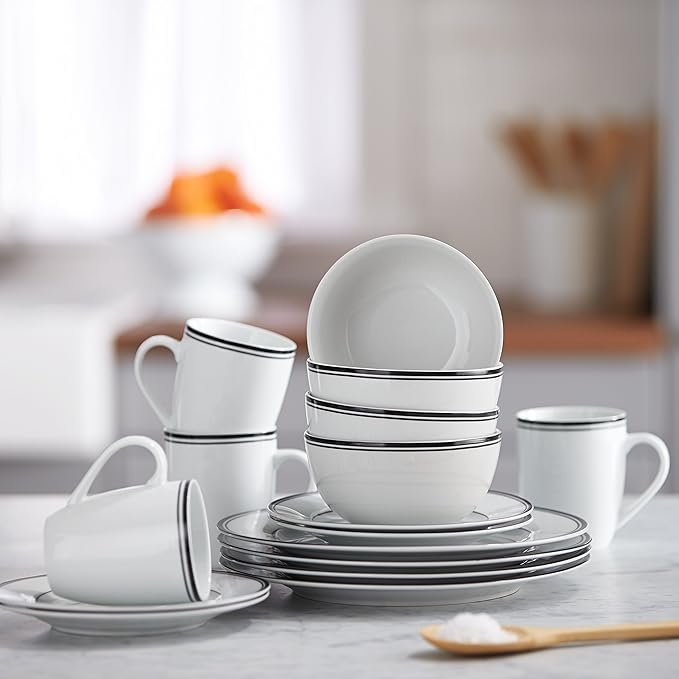 Amazon Basics 16-Piece Cafe Stripe Dinnerware Set Microwave and Dishwasher Safe Plates Bowls Mugs Service for 4 Black