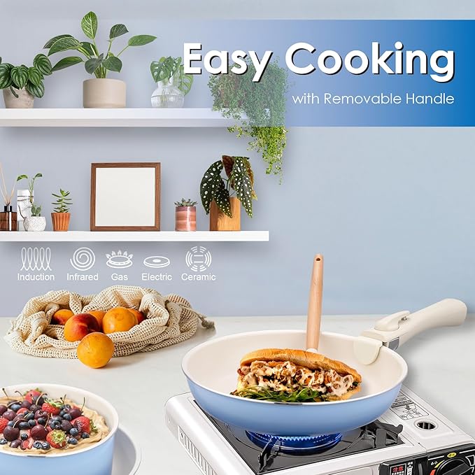 20pcs Ceramic Cookware Set Nonstick Detachable Handle Pots and Pans Set Non ToxicNo PFAS &amp PTFE &amp PFOA Dishwasher/Oven Safe RV Kitchen Set Removable Handle for Cooking Blue