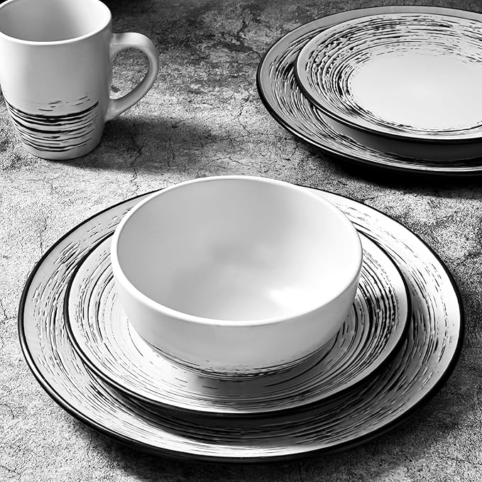 Homlouue 16 Pcs Stoneware Dinnerware Sets for 4 Porcelain Farmhouse Plates Bowls Mugs Set - Minimalist Chip Resistant Dish Set Microwave &amp Dishwasher Safe in White and Black Thread
