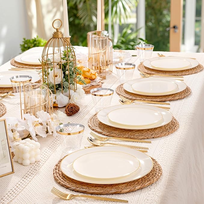 bUCLA 150PCS Ivory Plastic Plates with Gold Trim - Heavy Duty Cream Plastic Disposable for Party &amp Wedding - Include 25 Each（Dinner &amp Dessert） Plates 25 Knives 25 Forks 25 Spoons &amp 25 C