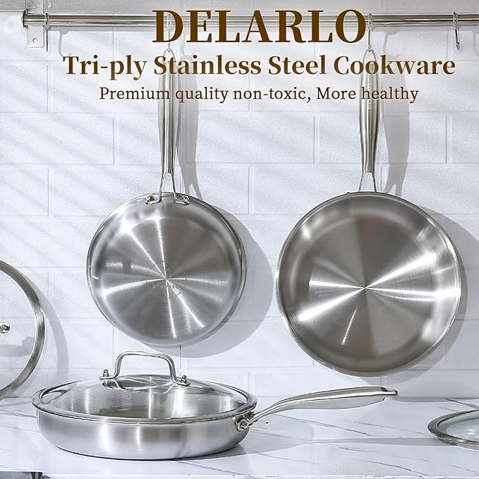 DELARLO Tri-Ply Stainless Steel Pan 18/10 Frying Pan Oven Safe Up to 600°F Nontoxic Cookware Compatible with All Cooktops Skillet Durable Fast Even Heat Fry Pan10+12 inch Pan