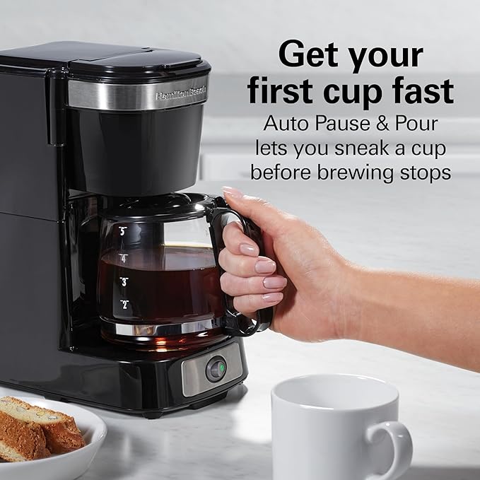 Hamilton Beach 5 Cup Drip Coffee Maker with Easy FrontFill Basket Compact Design Works with Smart Plugs Glass Carafe Auto Pause and Pour Black &amp Stainless Steel (46112)