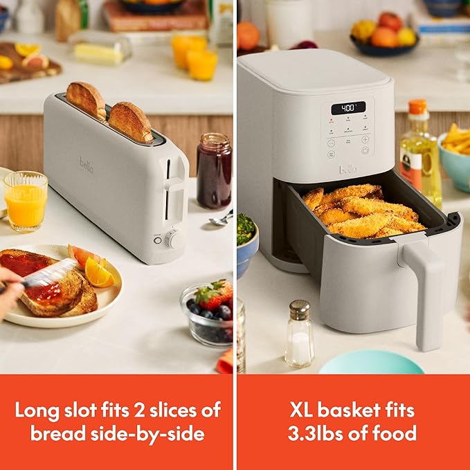BELLA Slim 2 Slice Toaster + 4Qt Slim Air Fryer Fits-anywhere™ Kitchenware Small Air Fryer w 6 Preset Cooking Options and Slim Toaster w 6 Shades Control Oatmilk