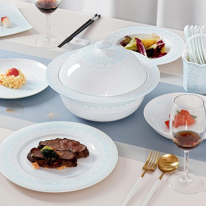 Fine Bone China Dinnerware SetPorcelain&ampCeramic Dinnerware SetsBone Stoneware &amp Ceramic Cookware Tableware Set Includes Dinner Plates|Spoons|Pasta Bowls|Soup Pot|Chopsticks (50PCS * 8-Person
