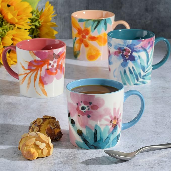 Spice by Tia Mowry Floral Garden 4 Piece Large 17OZ Decorated Porcelain Mug Set