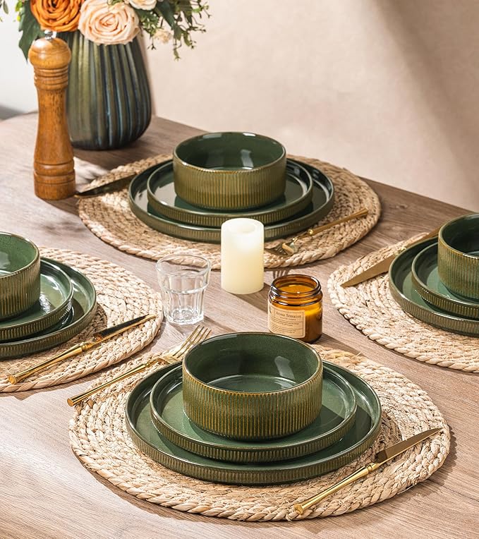 GBHOME Stoneware Dinnerware Sets for 4 12 Pieces Ceramic Ribbed Plates and Bowls Set Reactive Glaze Stackable Plate Sets Scratch Resistant Dishes Microwave &amp Dishwasher Safe Sage Green
