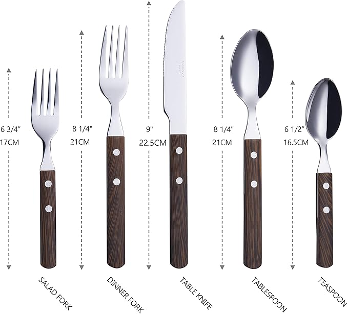 ANNOVA 20 Piece Silverware Set Service for 4 Stainless Steel Retro/Rivet Walnut Wood Tableware Kitchen Flatware Set Utensils Includes Dinner Knives Forks Spoons Salad Forks &amp Dessert Spoons
