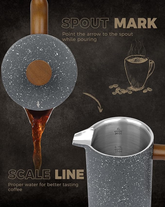 POLIVIAR French Press Coffee Maker 34 Ounce Coffee Press with Real Wood Handle Double Wall Insulation &amp Dual-Filter Screen Food Grade Stainless Steel for Good Coffee and Tea (Lava)