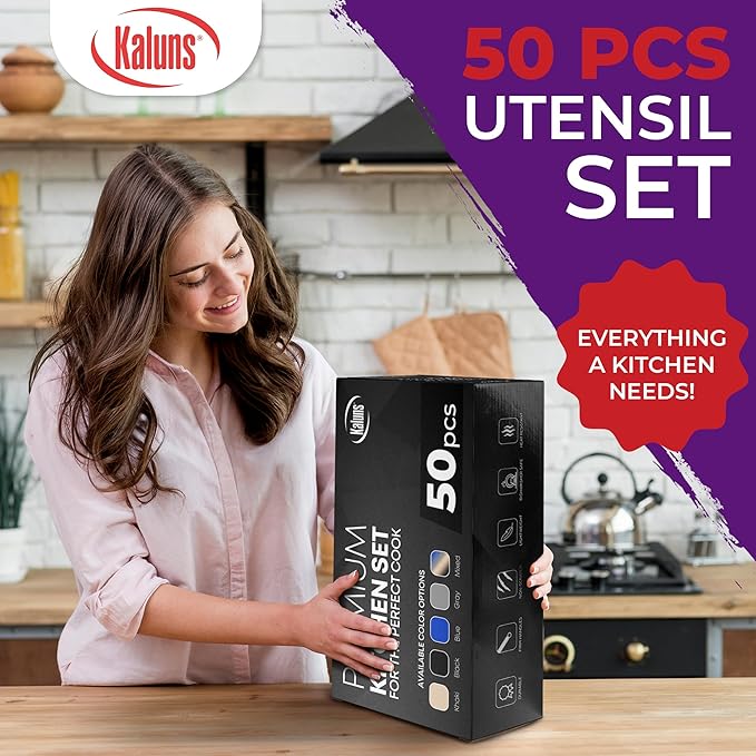 Kaluns 50 PCS Silicone Kitchen Utensils Set Complete Kitchen Set - 800°F Heat Resistant Non-Stick Premium Cooking Utensils W Wooden Handles - Can Opener Masher Turner Silicone Spatula Set