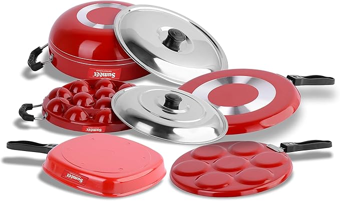 Sumeet 2.6mm Thick Non-Stick Rubrum Cookware set (Dosa Tawa – 26.5cm Dia + Multi snack maker – 26.5cm Dia + Kadhai With Lid – 1.5Ltr + Grill Appam Patra With Lid – 23cm Dia + Grill Pan – 1.1Ltr)