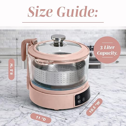COOK WITH COLOR 3L Glass Mini Low Carb Rice Cooker – Holds 2 Cups Raw/Makes 6 Cups Cooked with Auto Lift Filter Basket Hotpot &amp Steamer for Rice Grains Digital Panel with Keep Warm Dusty Rose