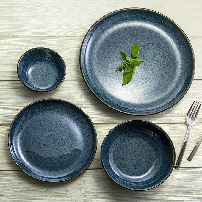 Sango 16-Piece Stoneware Dinnerware Set for 4 Glossy Black/Blue Big Dinner Plates and Bowls Sets with Reactive Glaze Ceramic Dish Set Modern Beautiful Dishes Microwave &amp Dishwasher Safe Reson