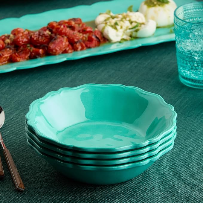 Isabella Teal 12-Piece Melamine Dinnerware Set for 4 – Vibrant Crackle Glaze Plates &amp Bowls with Scalloped Edges Durable Lightweight Dishwasher Safe for Everyday and Outdoor Dining