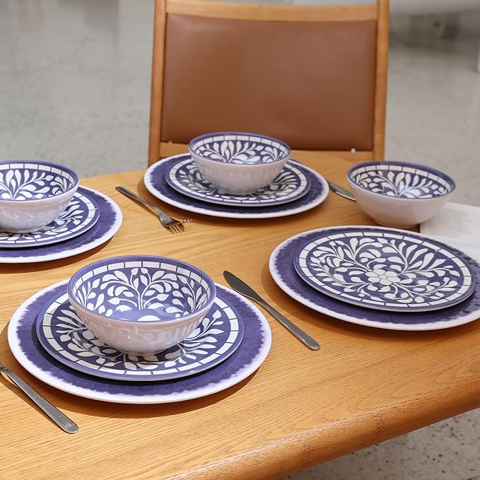 Melamine Dinnerware Set 12 Pieces Plates and Bowls Set Unbreakable Dish SetLightweightCampingDishwasher SafeService for 4 Blue-purple