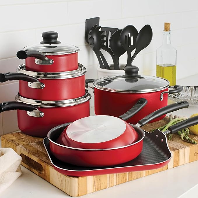 18-Piece Non-Stick Cooking Set (Steel Gray) – Versatile Easy-Clean Compatible with Multiple Stove Types (Red)