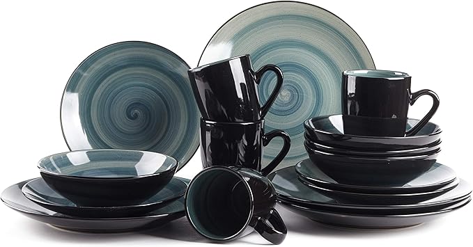 Sonoma 16 Piece Stoneware Dinner Set Outside Black + inside Handpainted Color Blue