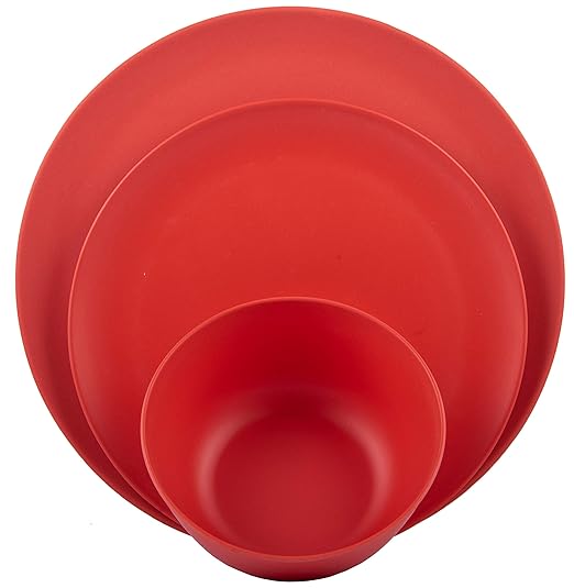 Melange 12-Piece Bamboo Dinnerware Set (Rounds Collection) | Shatter-Proof and Chip-Resistant Bamboo Plates and Bowls | Color: Red Orange | Dinner Plate Salad Plate &amp Soup Bowl (4 Each)