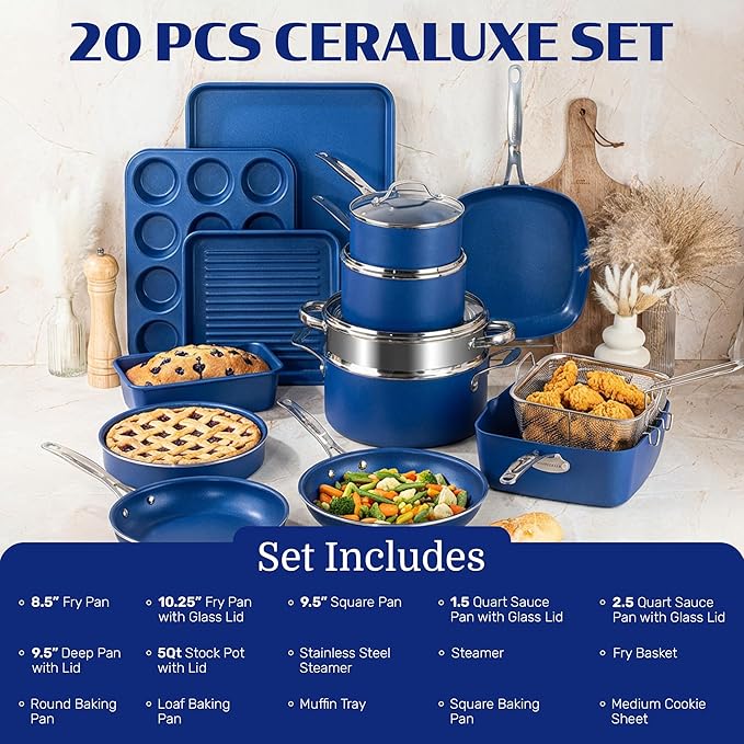 Granitestone Ceraluxe 20 Pc Ceramic Cookware Set Nonstick Complete Pots and Pans Set Non Stick with 5 Pc Bakeware Set Deep Frying Pan Set &amp Steamer Non Toxic PFOA Free Oven &amp Dishwasher S