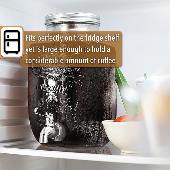 BTaT- 1 Gallon Cold Brew Coffee Maker Thick Glass Pitcher with Stainless Steel Filter Lid &amp Spigot Iced Coffee &amp Sun Tea Brewer Large Mason Jar Cold Brew Container Fast Iced Tea Maker for