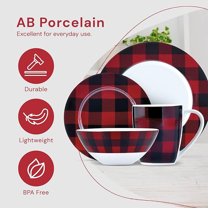Safdie &amp Co. 16-Piece Red Black Plaid Dinnerware Set Porcelain Includes Bowls Plates and Mugs Dishwasher Safe