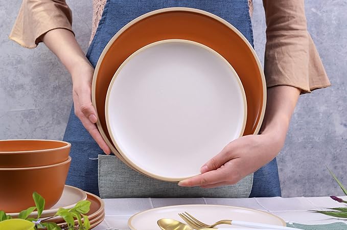 Melamine Dinnerware Sets 12pcs Plates and Bowls for 4 Unbreakable Dinnerware Sets Ideal Dinnerware for Party Unbreakable BAP free Dishwasher Safe Red Color (Terracotta Color)