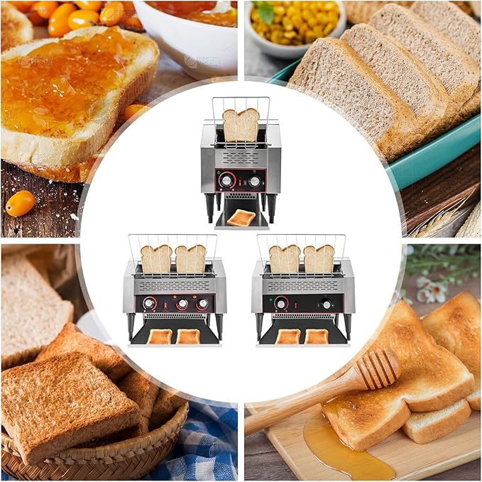 Commercial Conveyor Toaster 150 Slices/Hour 1.3KW Countertop Stainless Steel Bread Toaster with 7 Gears Adjustable Heavy Duty Electric Restaurant Toaster for Bagel Burgers Sandwich Baked Food
