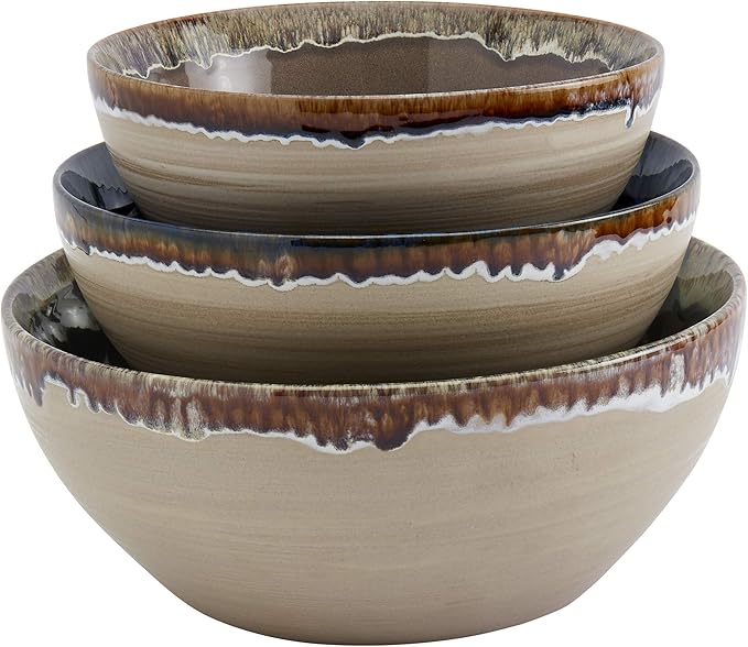 Tabletops Gallery Tuscan Reactive Glaze Stoneware- Platter Serving Bowl Mixing Bowl Mug Tuscan 3 Piece Serving Bowl Set (Blue Green and Brown)