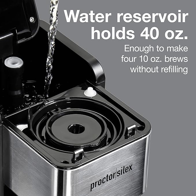 Proctor-Silex Single-Serve Coffee Maker Compatible with Pod Packs and Grounds 40 oz. Reservoir Makes Four 10 oz. Cups Without Refilling Black &amp Stainless Steel (49919)