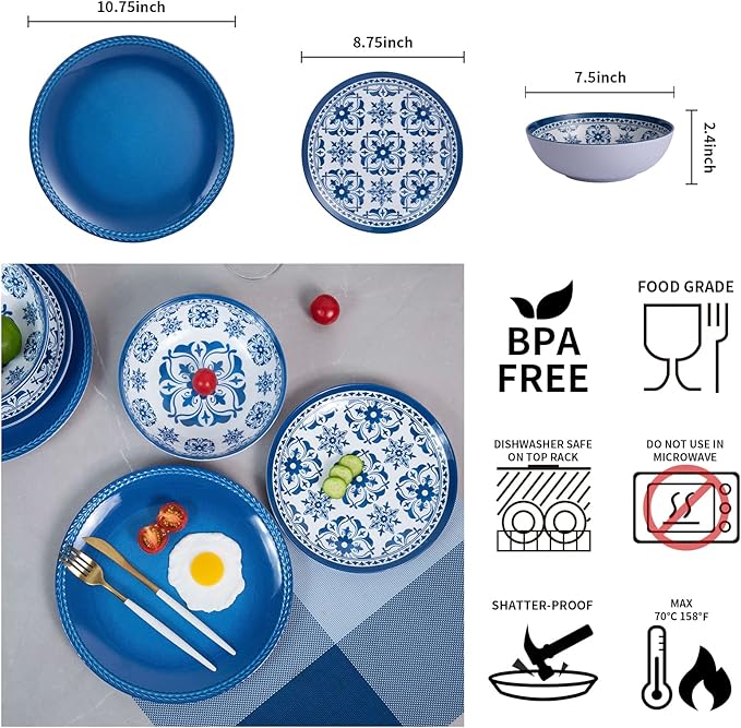 Melamine Dinnerware Set -12pcs Outdoor and Indoor Plates and Bowls Set Service for 4 Dishwasher Safe Blue Flower
