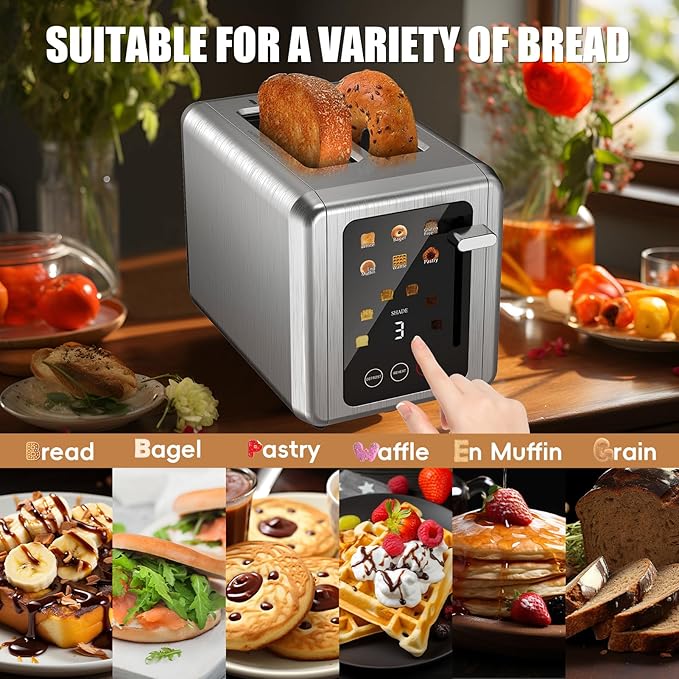 2 Slice ToasterTouchscreen &amp Dual Independent Control Panel5 Basic Functions &amp Digital Countdown Toasters6 Shade Settings＆6 Bread TypesSmart Bread Maker Mute/Screen-OffTitanium