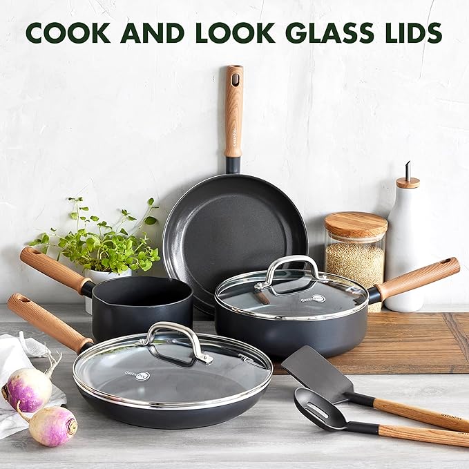 GreenPan Hudson Healthy Ceramic Nonstick 8 Piece Cookware Pots and Pans Set Vintage Wood Inspired Handle PFAS-Free Dishwasher Safe Black