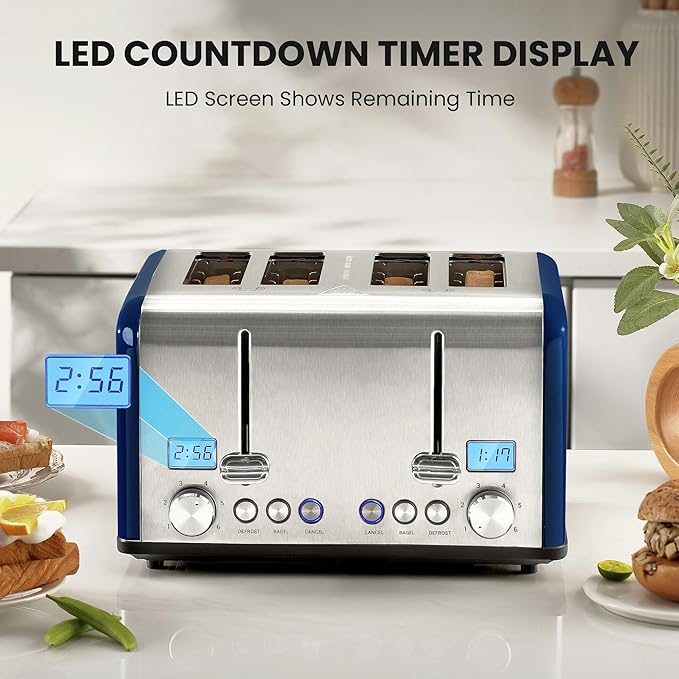 Roter Mond Countdown Stainless Steel 4 Slice Toaster with Bagel Defrost Cancel Function Dual Toaster Extra Wide Slots 6 Shade Settings Removable Crumb Trays 1650W Blue