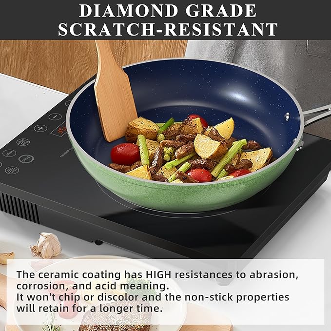 Nuwave Healthy Duralon Blue Ceramic Nonstick Cookware Set Diamond Infused Scratch-Resistant PFAS Free Dishwasher &amp Oven Safe Induction Ready &amp Evenly Heats Tempered Glass Lids &amp Stay-