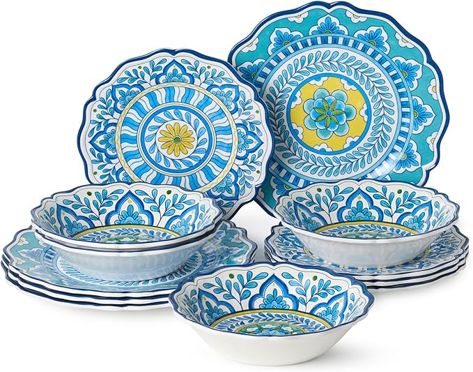Porto 12 Pc. MELAMINE DINNERWARE SET SERVICE for 4 – artistically designed Talavera Tile Art Turquoise Blue Yellow Mandala