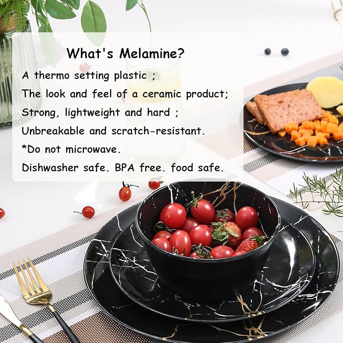 Melamine Dinnerware Set - 12pcs Plates and Bowls Sets Best for Indoor and Outdoor Party BPA-Free Dishwasher Safe Kitchen Dinner Set with Black Marble Pattern