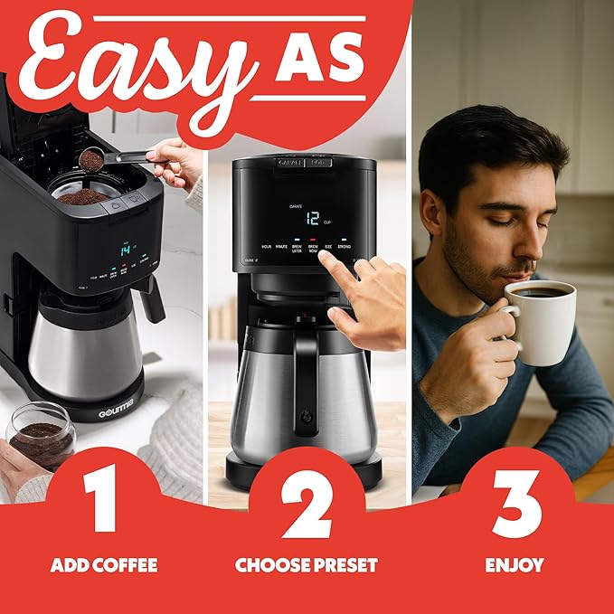 Gourmia 2-in-1 Single Serve and 12 Cup Coffee Maker - Drip Brew K-Cup Compatible Programmable Pause and Serve Removable Filter Thermal Carafe Black