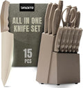 DFACKTO 15 Piece Desert Gold Knife Set with Block Sharpener and Kitchen Shears Sharp Full-Tang High-Carbon Stainless Steel Blades Non-Slip Composite Handle Kitchen Essentials Chef Knives