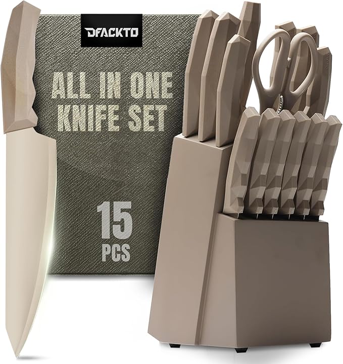 DFACKTO 15 Piece Desert Gold Knife Set with Block Sharpener and Kitchen Shears Sharp Full-Tang High-Carbon Stainless Steel Blades Non-Slip Composite Handle Kitchen Essentials Chef Knives