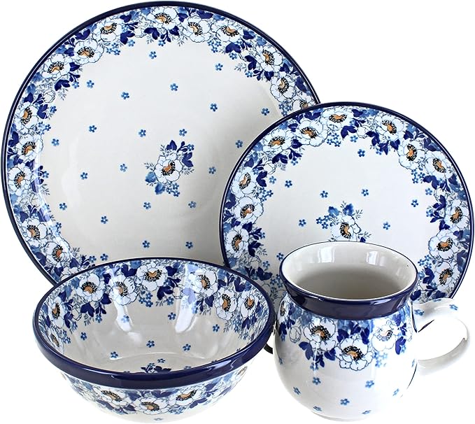 Blue Rose Polish Pottery - Georgia Blue 4 PC Place Setting - Service for 1-1 Place Setting - Great for Everyday Dining Casual Dining or as Formal Dinnerware