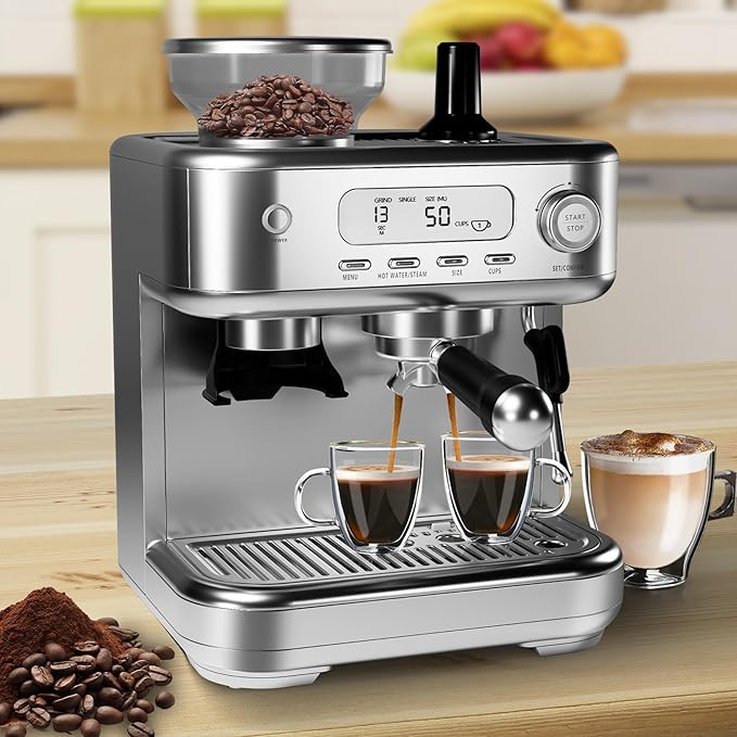 IDEALHOUSE Espresso Maker with GrinderMilk Frother 15 Bar Pump 15 Grind Settings Digital Display High Power Milk Frother Digital LCD Screen Stainless Steel Coffee Maker for Home and Office