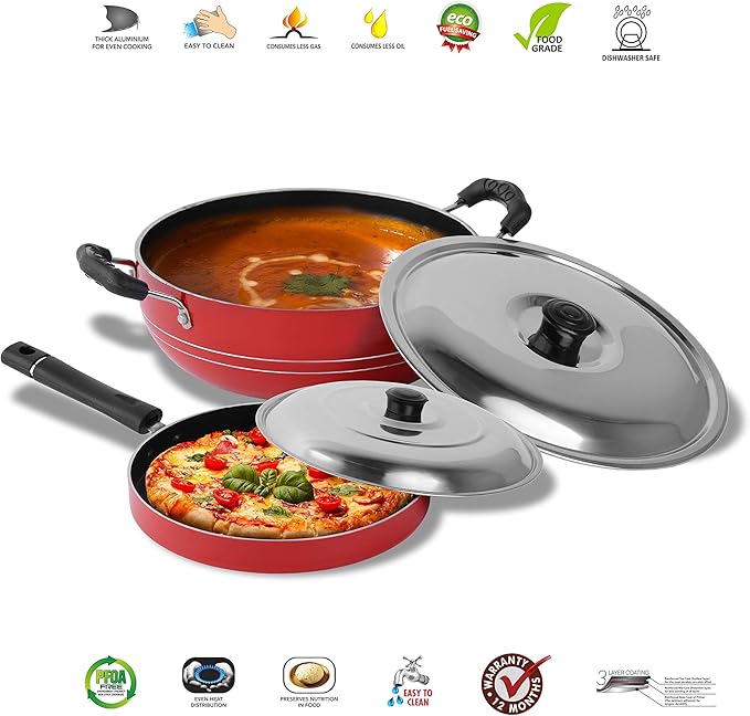 Sumeet 2.6mm Thick Non-Stick Sangria Cookware set (Kadhai With Lid – 1.5Ltr capacity- 20cm Dia + Pizza Pan – 23cm Dia)