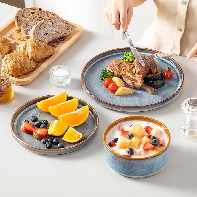 vancasso ONION Ceramic Plates and Bowls Sets 24 Pieces Blue Dinnerware Sets for Kitchen Reactive Glaze Dishes Set for 8 Dishwasher and Microwave Safe