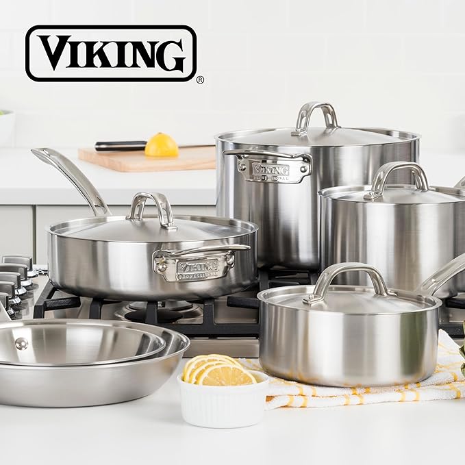 Viking 3-Ply Pots and Pans Set 13 Piece Stainless Steel Cookware Glass Lids Strainer Silver