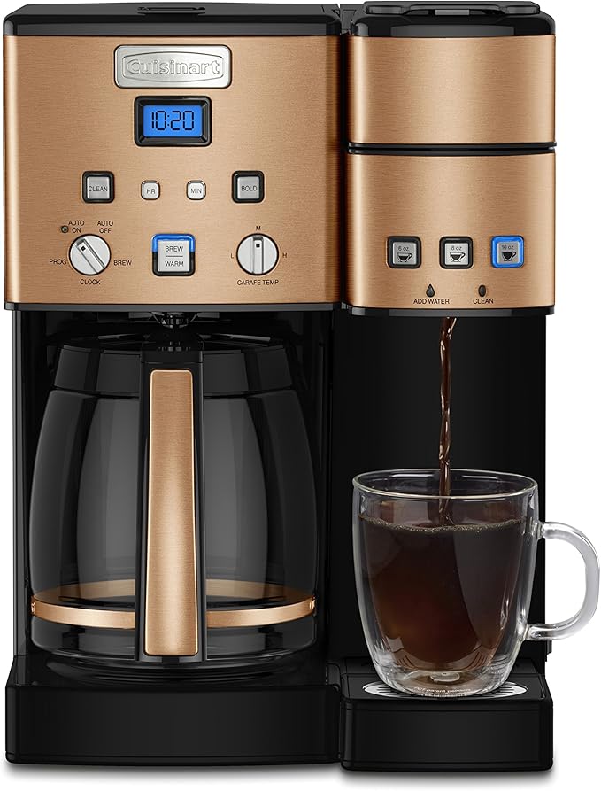 Cuisinart Single Serve + 12 Cup Coffee Maker Offers 3-Sizes: 6-Ounces 8-Ounces and 10-Ounces Stainless Steel SS-15CP Copper