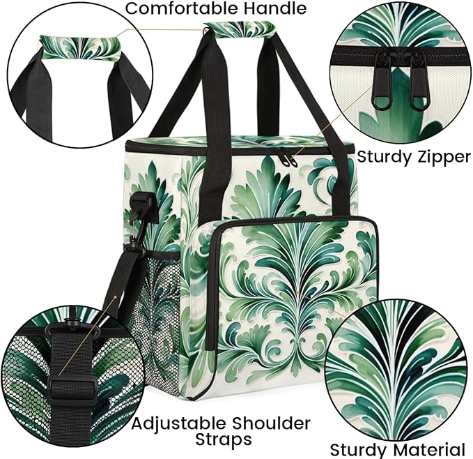 Green Floral Print Coffee Maker Travel Bag for Keurig K-Mini/K-Mini Plus Insulated Waterproof Tote with Pockets for K-Cup Portable Single-Serve Brewer Case