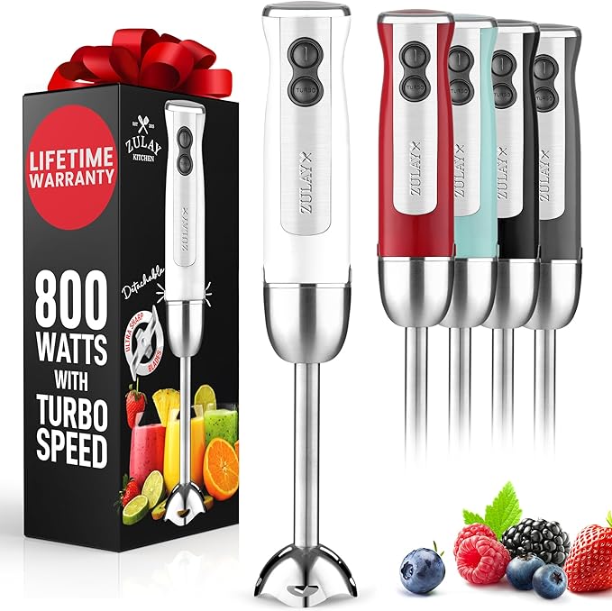 Zulay Immersion Stick Mixer Hand Blender - 800 Watts Turbo Mode 5-ft Power Electric Cord Handheld Portable Stainless Steel Blades - For Effortless Blending Smoothie Soup Baby Food Puree - White