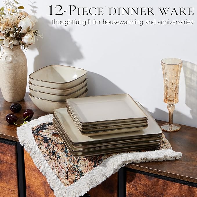 Vesteel 12 Pieces Square Dinnerware Sets Ceramic Plates and Bowls Sets for 4 Handmade Reactive Glaze Dishes Set for Kitchen Dining Microwave &amp Dishwasher Safe Khaki
