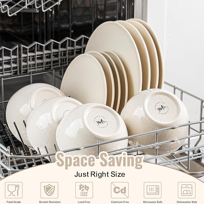 Plates and Bowls Sets12 Pieces Beige Dinnerware Sets for Kitchen Reactive Glaze Dishes Set for 4 Dishwasher and Microwave Safe Series Starflecked Shore (Beige)
